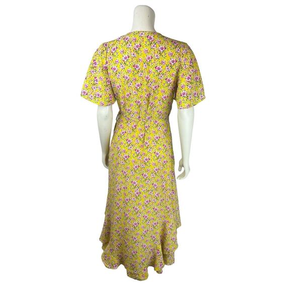 Roller Rabbit Yellow Floral Print Wrap Dress Size S Midi Prana Filena Ruffle - Picture 4 of 10